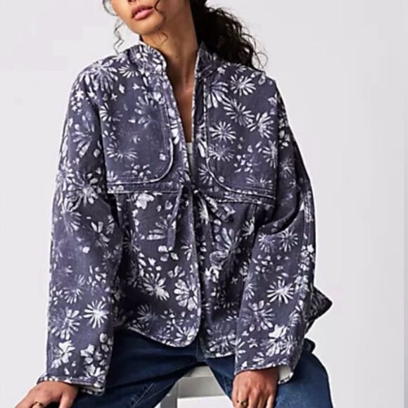Free People Lua Bed Jacket Indigo Floral Denim Jacket Extra Small - Picture 1 of 6